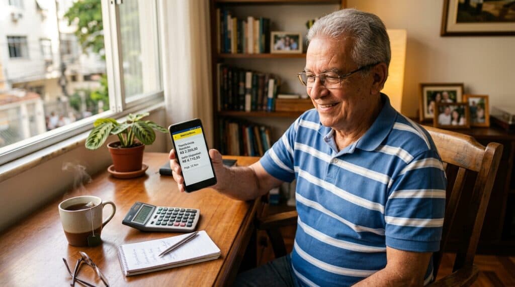 Aposentado brasileiro sorridente em escritório doméstico conferindo saldo de troco de portabilidade no aplicativo bancário