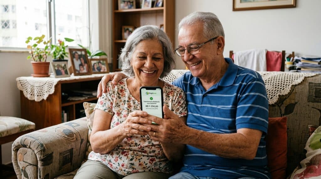 Aposentado brasileiro sorrindo satisfeito ao lado de sua esposa consultando a liberação de troco da portabilidade no celular