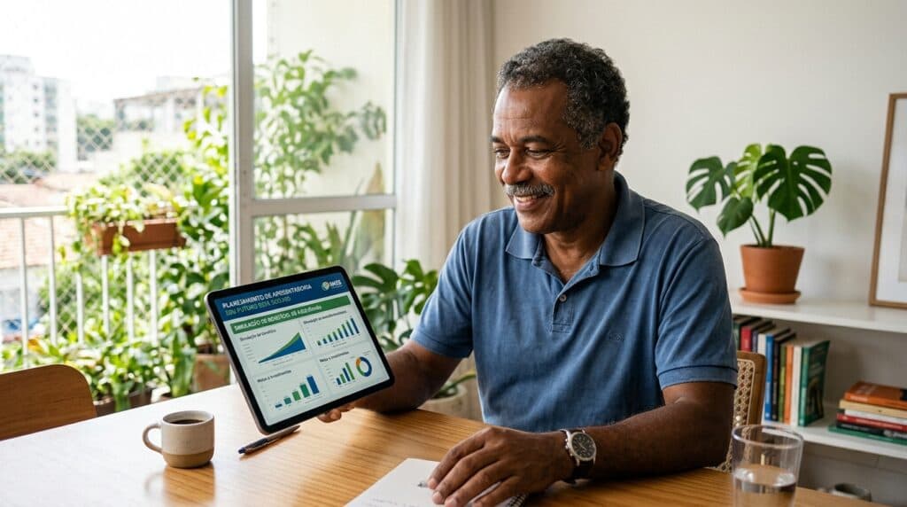 Trabalhador brasileiro com mais de 50 anos planejando aposentadoria no tablet em casa