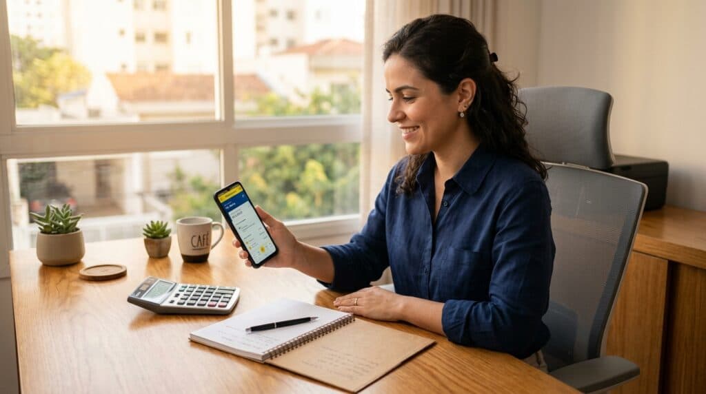 Trabalhadora consultando aplicativo do FGTS no celular sobre mesa de escritório