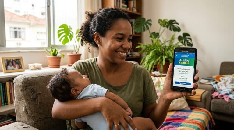 Mãe brasileira sorrindo com bebê no colo enquanto consulta benefício do salário-maternidade pelo celular