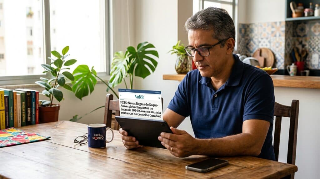 Homem brasileiro lendo notícias sobre liberação do FGTS pelo governo no tablet em casa