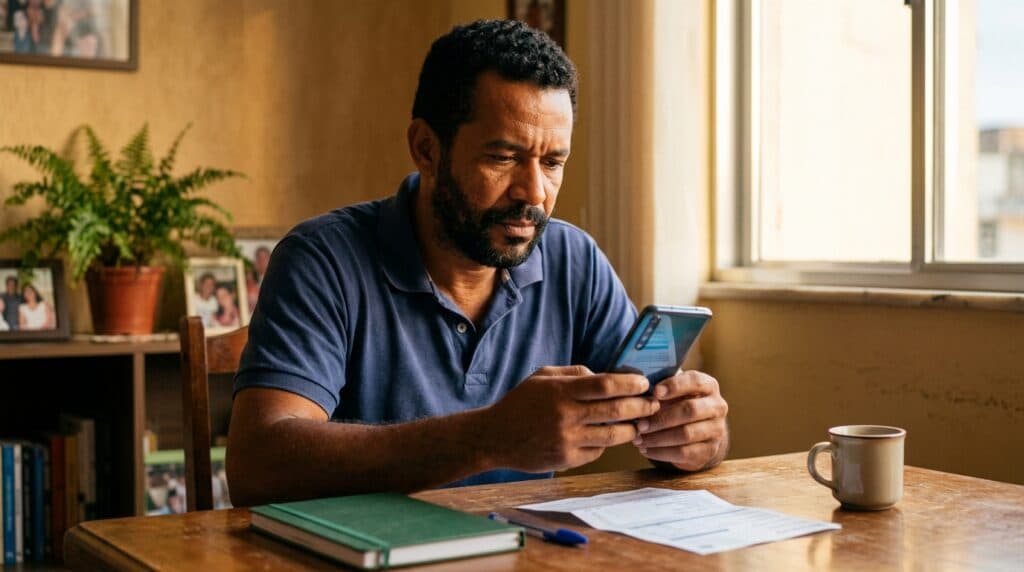 Trabalhador solicitando saque calamidade do FGTS pelo aplicativo oficial em smartphone
