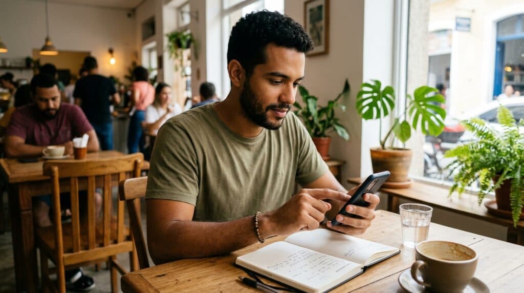 Homem brasileiro checando notificação de autorização de saque do FGTS no celular