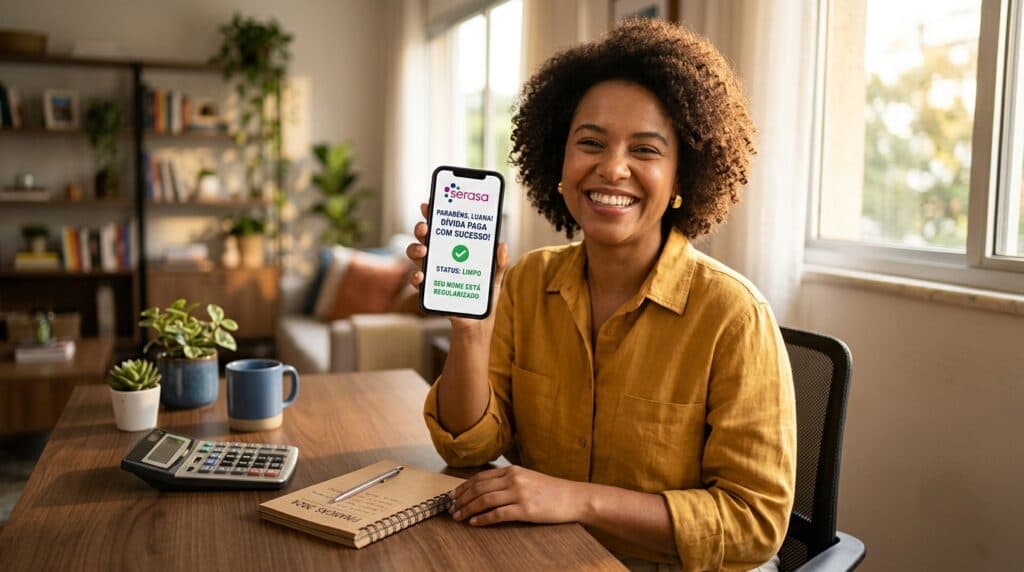 Trabalhadora brasileira sorridente exibindo comprovante de regularização e quitação de dívida no celular