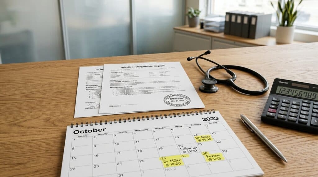 Laudo médico com estetoscópio, calendário de agendamento e calculadora sobre mesa de consultório