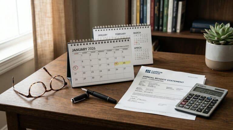 Calendário 2026 sobre mesa executiva com datas assinaladas, óculos de leitura, caneta tinteiro e calculadora financeira