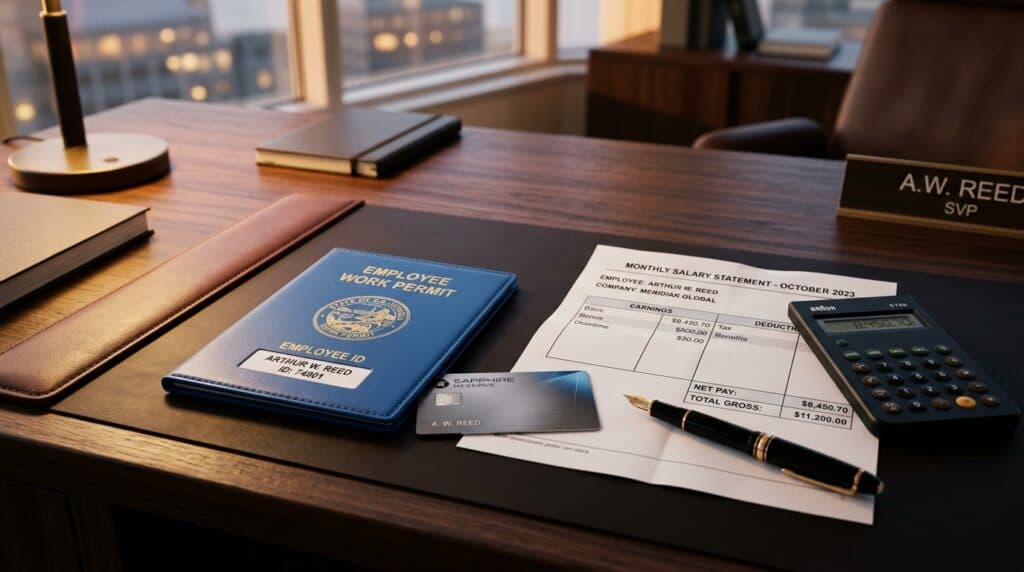 Carteira de trabalho azul, cartão de crédito executivo, contracheque e calculadora sobre mesa de escritório