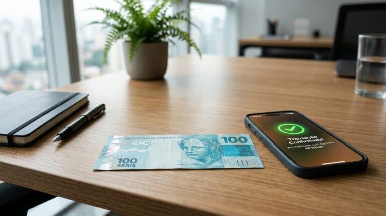 Nota de 100 reais e smartphone com confirmação de transação Pix segura
