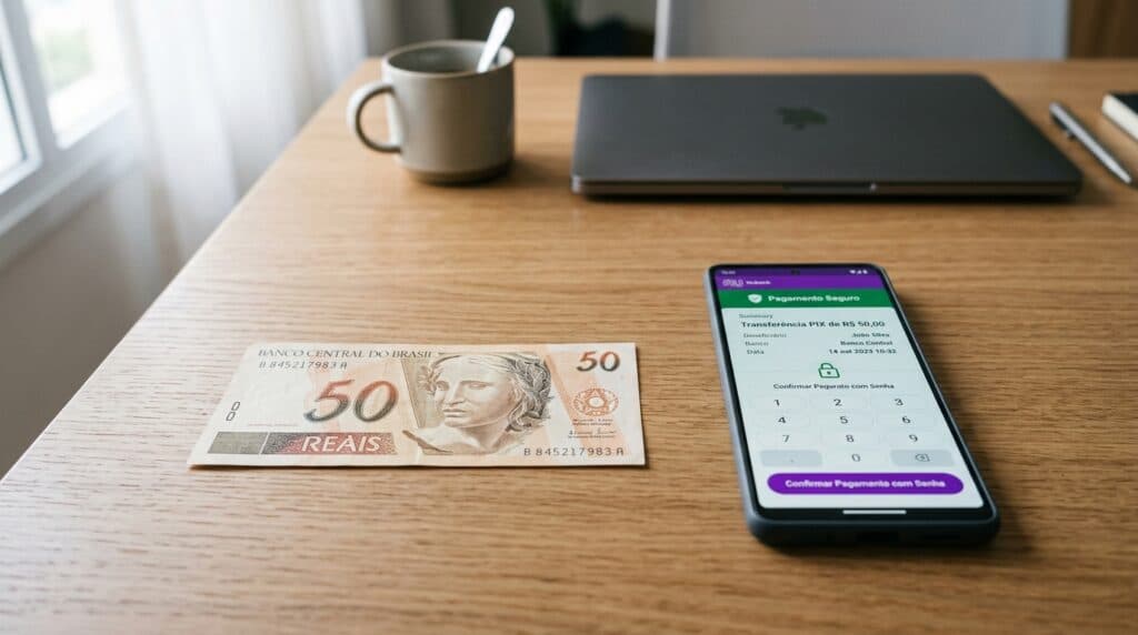 Nota de 50 reais sobre mesa de madeira ao lado de smartphone com confirmação de Pix