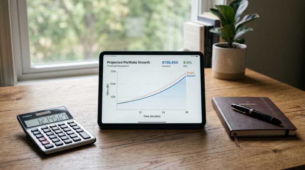 Simulação de crédito em tablet e calculadora para como fazer empréstimo seguro