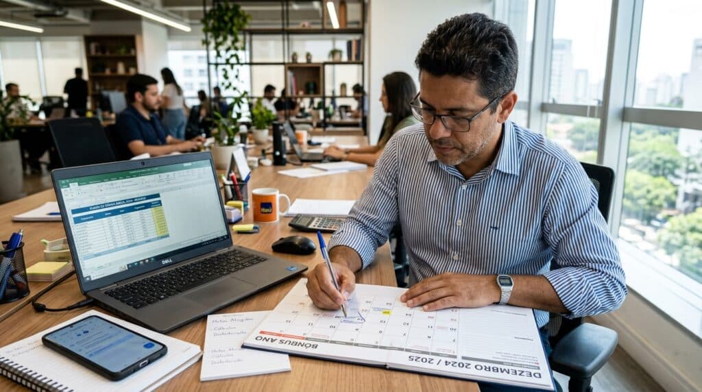Trabalhador CLT planejando orçamento e antecipação de renda no computador e celular