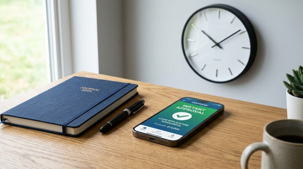 Smartphone com aprovação de crédito na hora e relógio indicando liberação no mesmo dia