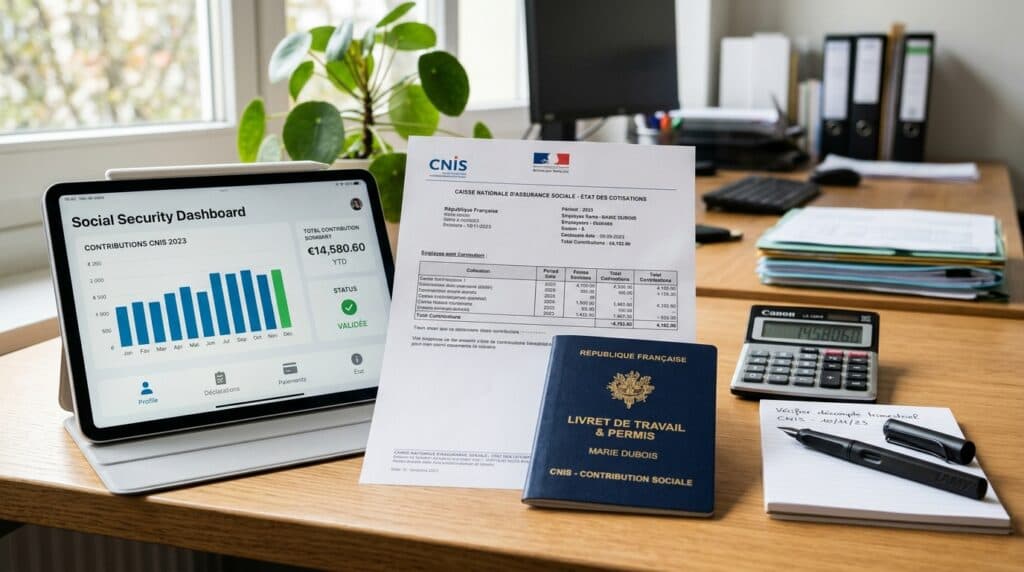 Extrato de contribuições previdenciárias CNIS sobre mesa ao lado de carteira de trabalho azul, tablet e calculadora