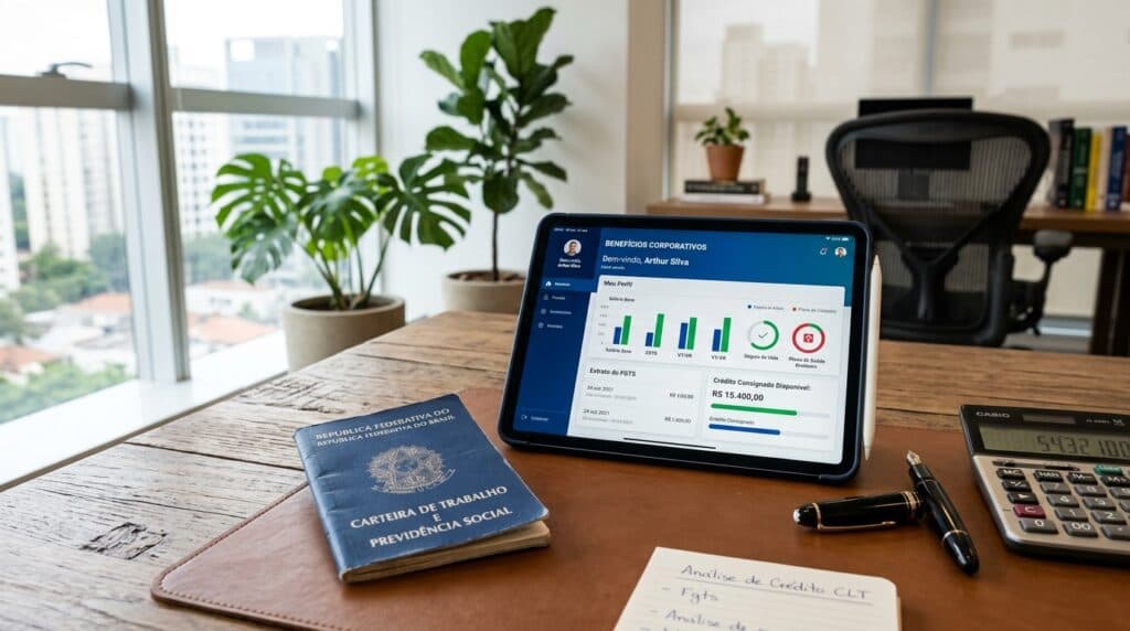 Tablet com painel corporativo de benefícios e carteira de trabalho CLT sobre mesa