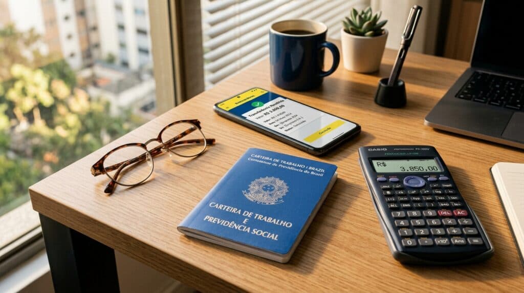Carteira de trabalho CLT, calculadora financeira e smartphone com simulação de portabilidade de crédito