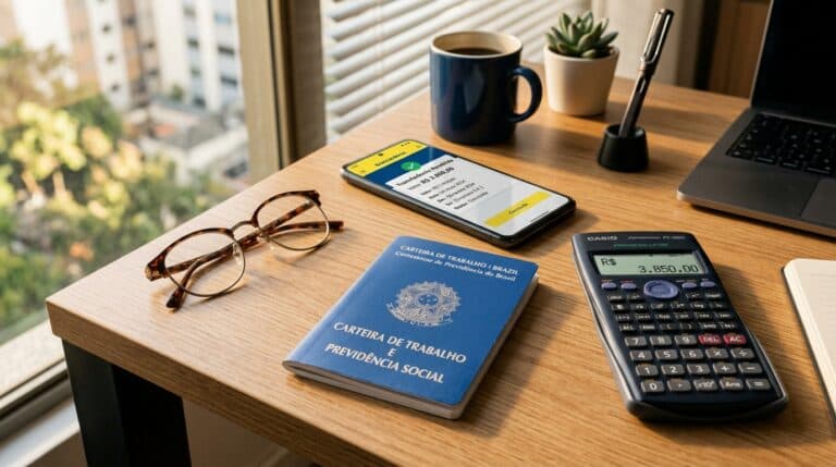 Carteira de trabalho CLT, calculadora financeira e smartphone com simulação de portabilidade de crédito