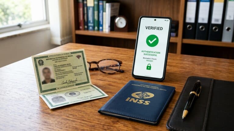 Smartphone com verificação biométrica aprovada na tela ao lado de carteira de identidade e pasta do INSS sobre mesa de madeira