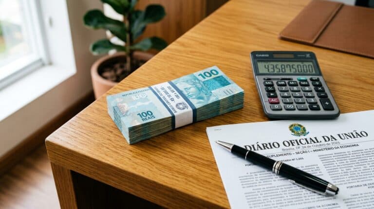 Maço de notas de 100 reais ao lado de exemplar do Diário Oficial da União, calculadora e caneta sobre mesa de madeira