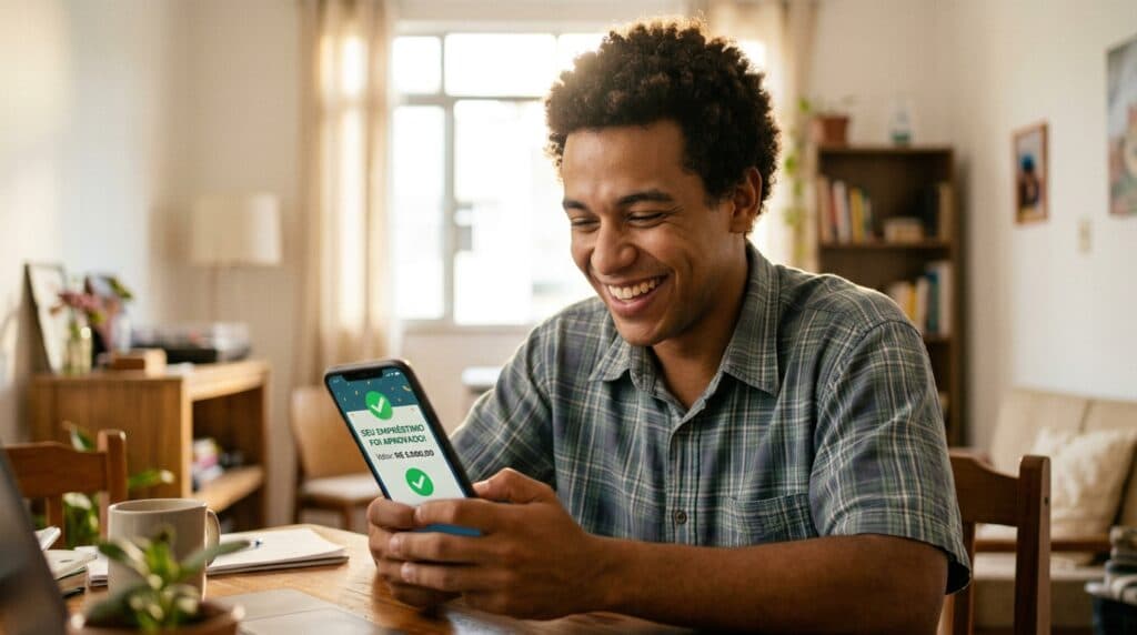 Consumidor brasileiro com score baixo comemorando empréstimo aprovado no celular