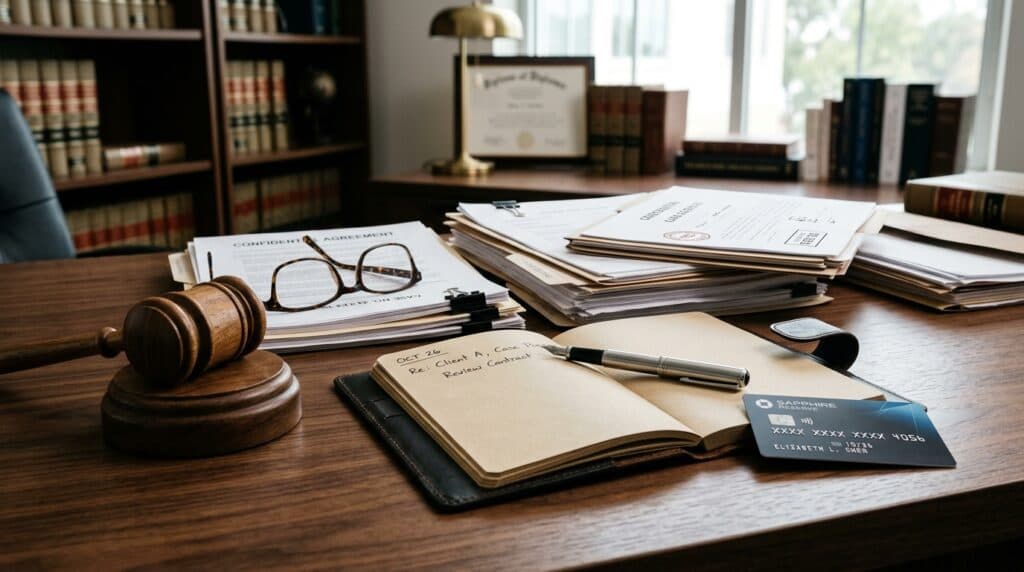 Mesa de escritório de advocacia com martelo de juiz, documentos de processo e cartão de crédito