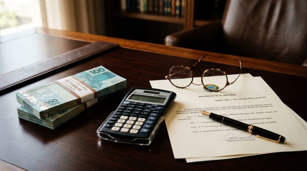 Mesa executiva com maço de cédulas de 100 reais, calculadora científica, decreto de reajuste previdenciário e óculos