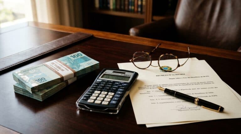 Mesa executiva com maço de cédulas de 100 reais, calculadora científica, decreto de reajuste previdenciário e óculos
