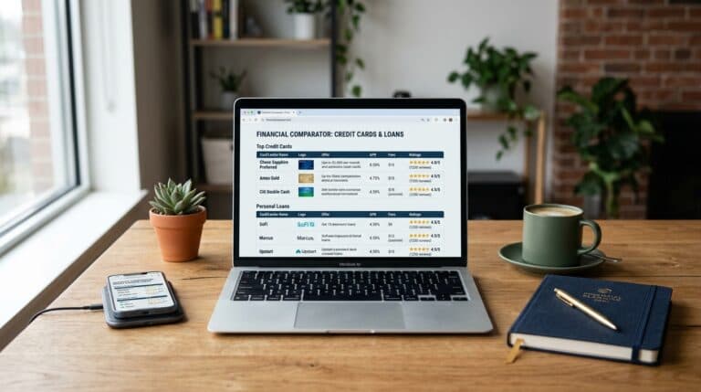 Laptop exibindo comparador financeiro de crédito e empréstimo sobre mesa de escritório