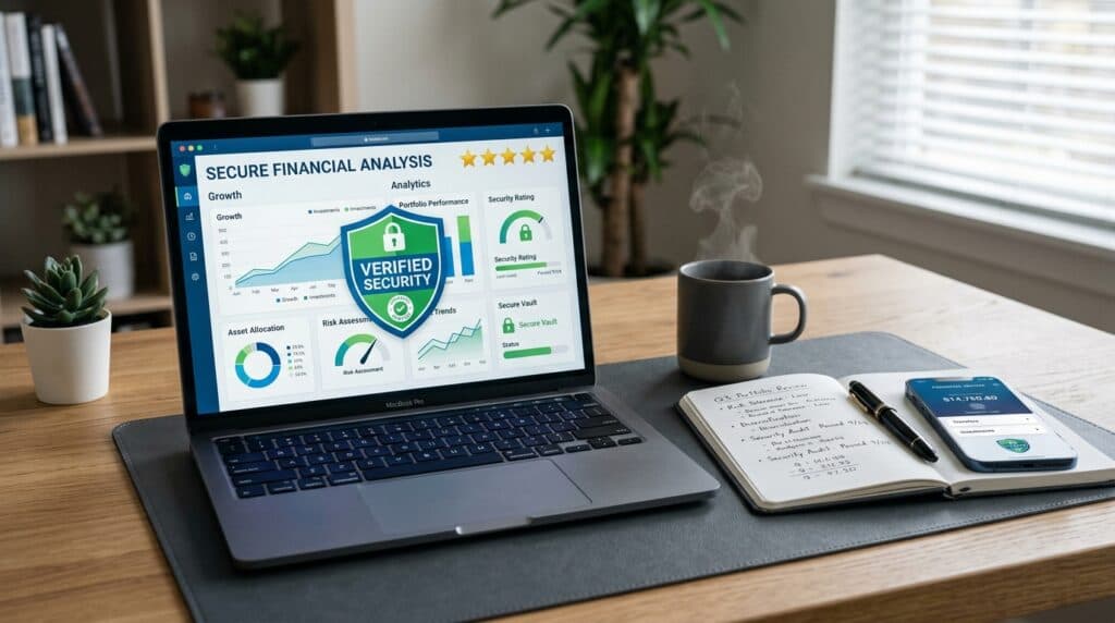 Painel de análise de segurança financeira em laptop avaliando confiabilidade de empréstimo fintech
